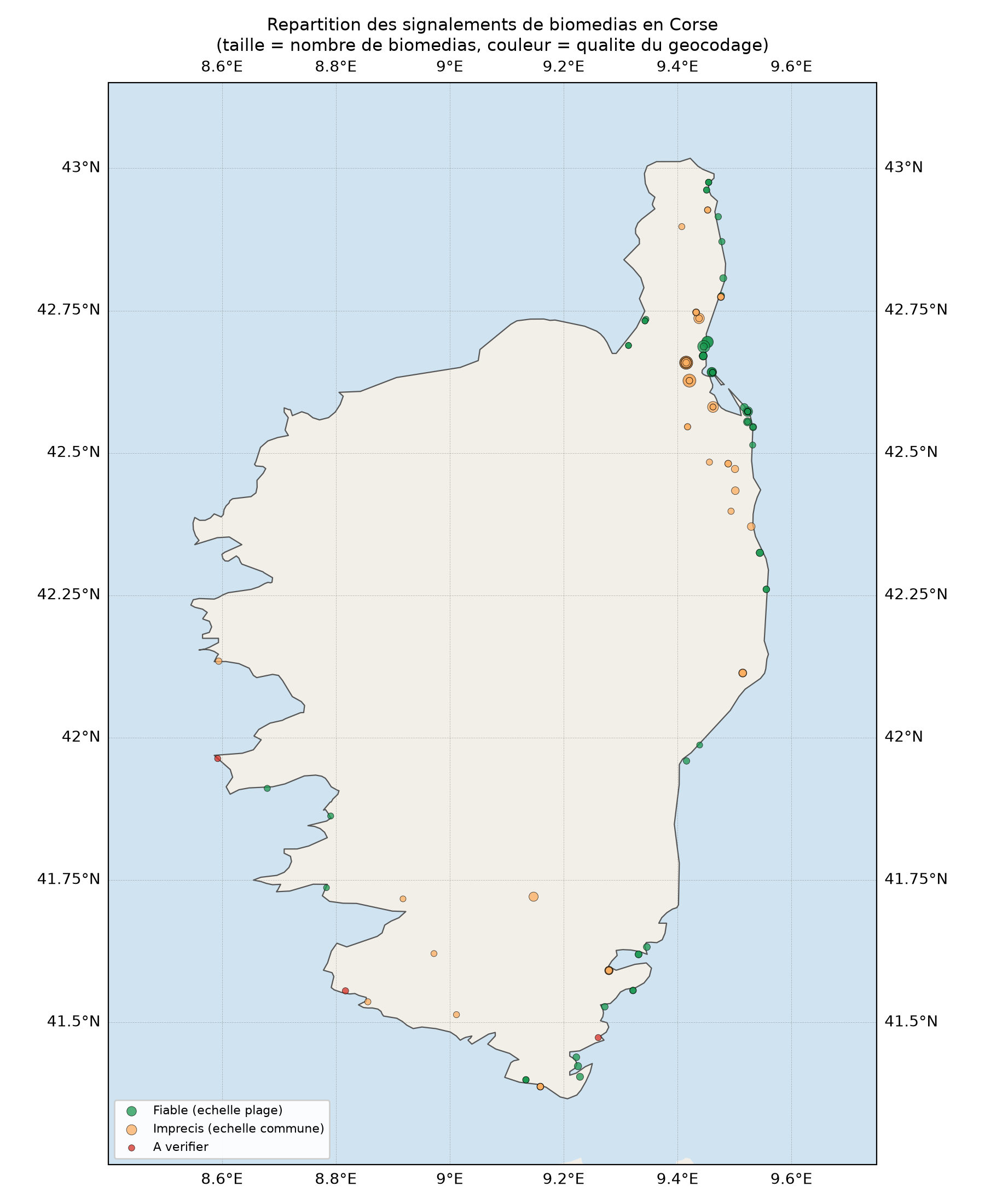 Carte de répartition des signalements de biomédias en Corse